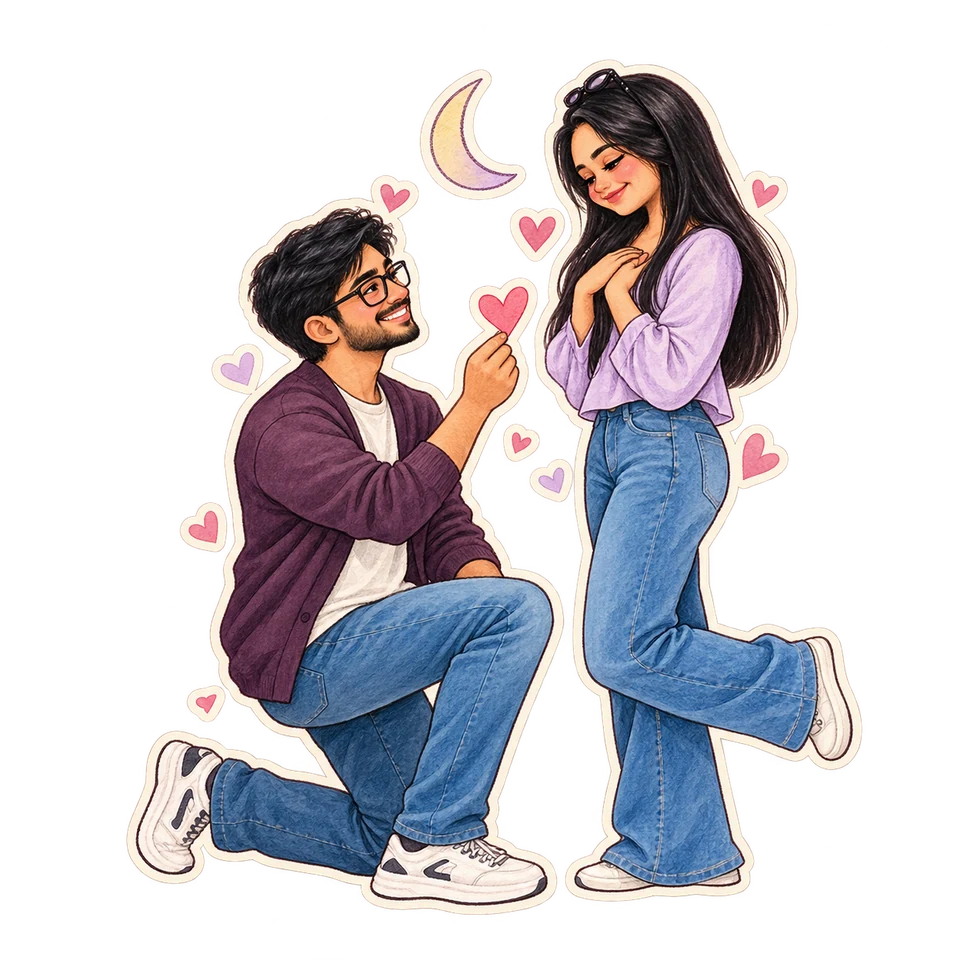 An illustrated boyfriend kneeling and offering a paper heart to his girlfriend.