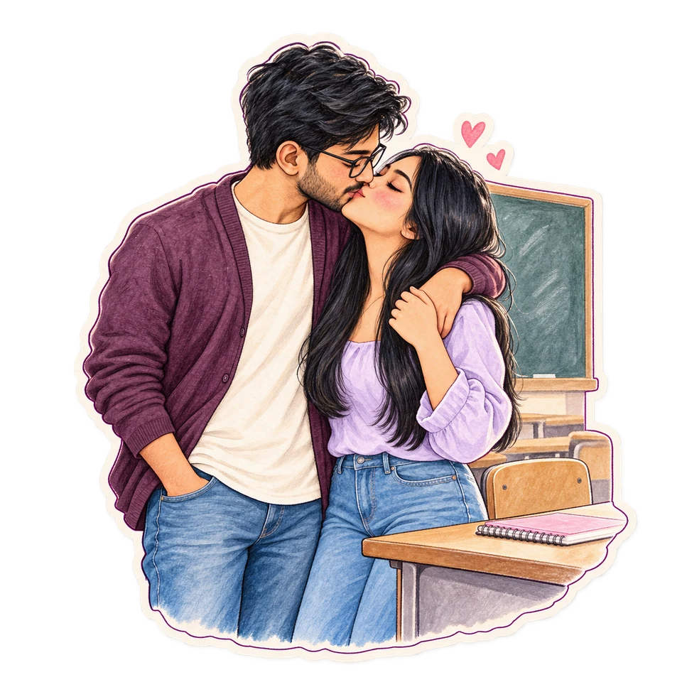 A tender storybook illustration of an adult couple sharing a first kiss in a classroom.