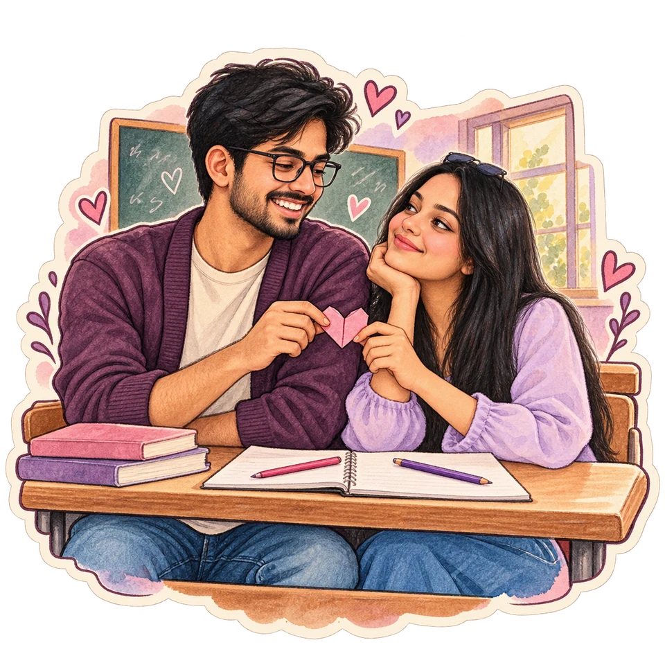 A cute illustrated adult couple studying and sharing a playful moment in class.
